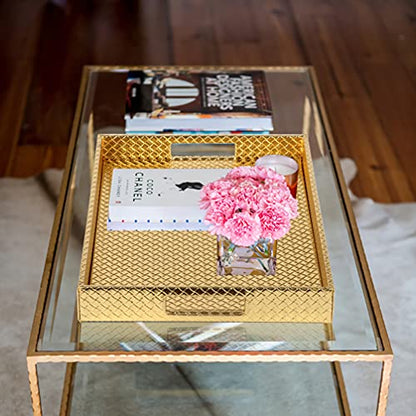 HofferRuffer Rectangle Serving Tray with Hole Handles for Coffee Table, Breakfast, Tea, Food, Butler - Countertop, Kitchen, Vanity Serve Tray, 16.2 x 12.2 x 2 inches, Faux Leather (Gold) - color: Gold