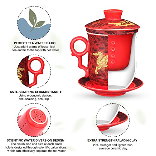 Chinese Tea Cup with Lid, Dragon Pattern, Red, 11.8 fl oz (350ml) | Ceramic tea mug with infuser and lid, dragon tea cup design, matching saucer, removable strainer, for loose-leaf brewing - color: Red