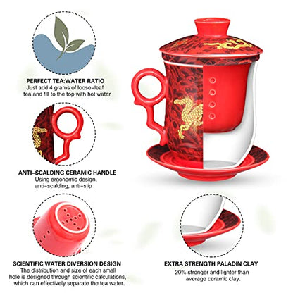 Chinese Tea Cup with Lid, Dragon Pattern, Red, 11.8 fl oz (350ml) | Ceramic tea mug with infuser and lid, dragon tea cup design, matching saucer, removable strainer, for loose-leaf brewing - color: Red