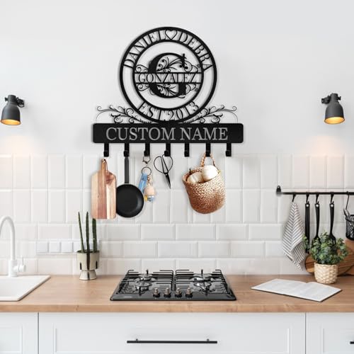 Personalized Key Holder, Family Names & Initial Key Holder Wall Mount | Custom Key Rack Holder for Wall, Metal Key Hooks Monogram Design, Key Hanger for Hallway Bedroom, Anniversary Couple Gift - color: 09 Monogram