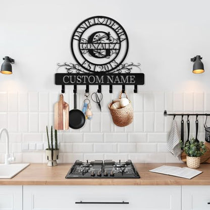 Personalized Key Holder, Family Names & Initial Key Holder Wall Mount | Custom Key Rack Holder for Wall, Metal Key Hooks Monogram Design, Key Hanger for Hallway Bedroom, Anniversary Couple Gift - color: 09 Monogram