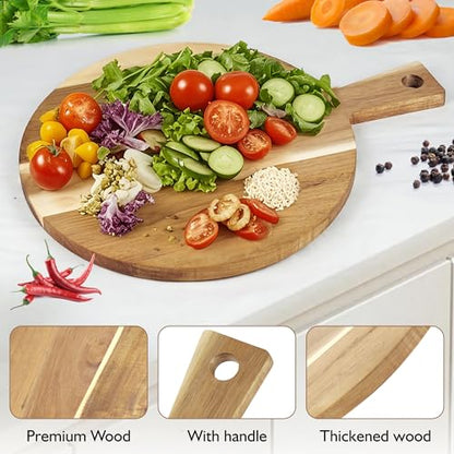 Acacia Round Cutting Boards, 12 Inch Wood Round Cutting Boards with Handle, Acacia Pizza Cutting Board for Bread, Meat