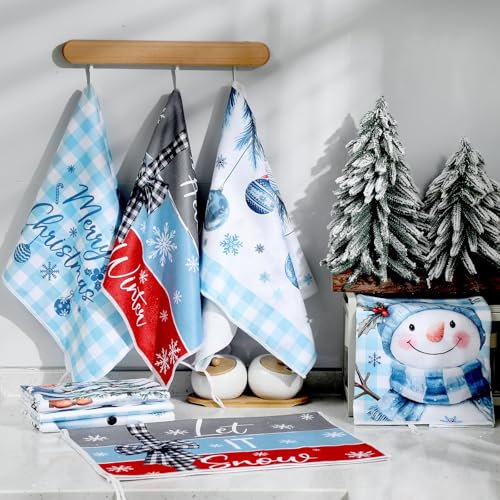 Fourluoo 8 Pcs Winter Kitchen Towels Snowman Hand Dish Towels Blue Buffalo Plaid Santa Claus Tea Cloths for Winter Holiday Kitchen Home Bathroom Decor Gifts - style: Snowman