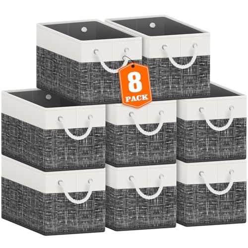 Storage Bins 8-Pack, Foldable Storage Baskets for Organizing Toys, Books, Shelves, Closet, Large Storage Box with Rope Handles, Sturdy Organizer Bins, White & Black - color: White & Black, size: 8pack