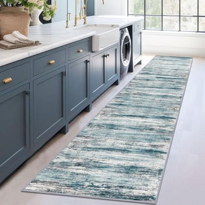 KOZYFLY Modern Abstract Hallway Runner Rug, 2.6x12 Washable Rug Runner Non-Slip Soft Striped Kitchen Runner Rugs, Print Blue Carpet Runner for Entryway Bathroom Laundry Room Foyer - color: Blue, size: 2'8" x 12' (Runner)