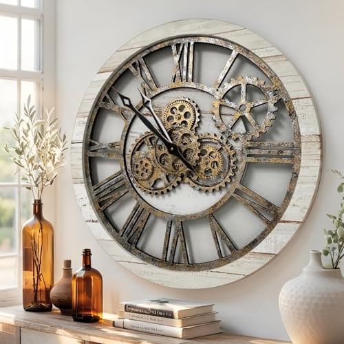 The Gears Clock The Original Real Moving Gear Wall Clock Vintage Industrial Oversized Rustic Farmhouse (24 inch (60cm), Vintage Desert Beige and Bronze) - color: Vintage Desert Beige and Bronze