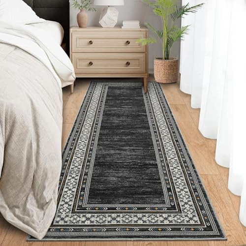 Modern 2x6 Rug Runners for Hallways Non Slip, Bordered Solid Washable Area Rug Stain Resistant Non Shedding Throw Rugs, Foldable Low Pile Thin Carpet for Entryway, Kitchen, Bedroom, Black | Solid Washable Low Pile Stain Resistant Non Shedding Foldable Thi