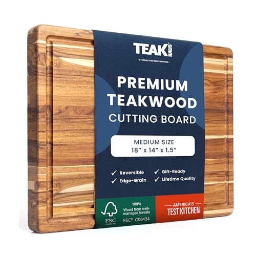 Teakhaus Carving Board with Juice Groove - Medium (M) Teak Wood Cutting Board 18”L x 14”W x 1” Thick - Lightweight, Sustainably Harvested & FSC Certified - Knife Friendly with Beeswax Oil Finish - color: Cutting Board Only, size: Medium (18 inch x 14 inch