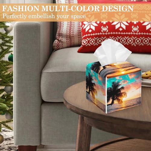 Sunset Beach Tissue Box Cover,Palm Tissue Box Holder Waterproof Leather Facial Paper Organizer Dispenser for Bathroom Home Car Nightstand Vanity - color: Sunset Beach Palm