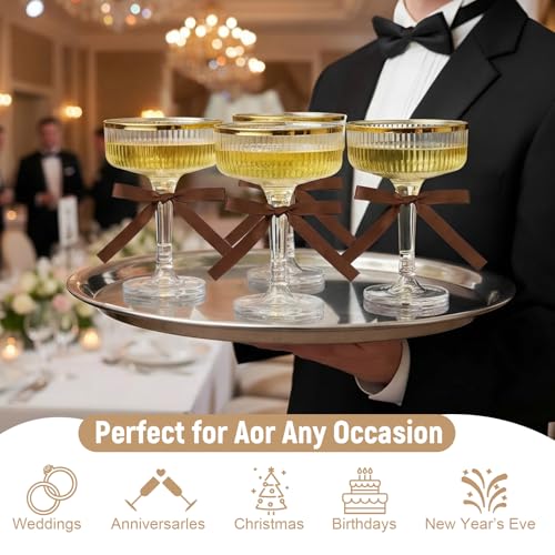 Set of 24 Plastic Champagne Coupe Glasses with Bow 7 oz Gold Champagne Tower Set Stackable Acrylic Ribbed Martini Glasses Cocktail Coupe Cup for Wedding Birthday Party Bar (Bowknot,Brown) - color: Brown, style: Bowknot