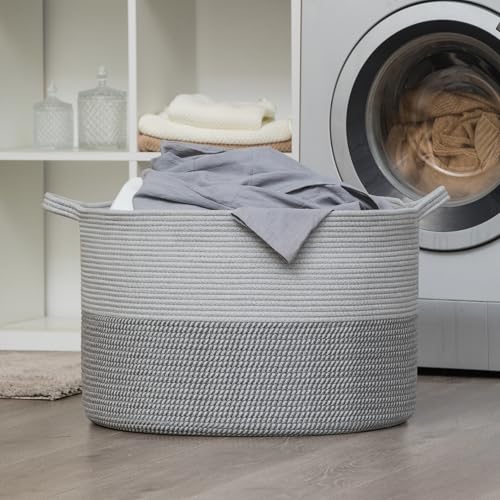 XXXLarge Woven Cotton Rope Basket (21.7" x 13.8") 90L – Blanket Basket for Living Room, Laundry Hamper, Baby Laundry Hamper, Toy Storage, Pillows & Cushions Organizer (Mixed Grey) - color: Mixed Gray