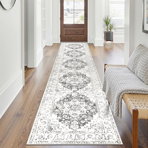 Pauwer Vintage Floral 2x10 Runner Rug, Non Slip Hallway Runner, Grey White | Machine Washable, Faux Wool, Low-Pile, Non-Shedding, Soft Distressed Floor Carpet For Entryway, Laundry, Bedroom, Kitchen - color: Grey/White, size: 2' x 10' (Runner)