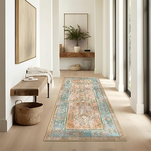 Ashler Runners for Hallways, 2x6 Runner Rugs, Ultra-Thin Boho Rug, Vintage Long Rugs for Entryway, Kitchen, Orange/Teal/Terracotta Rug Home Decor, Low-Pile Non-Slip & Machine Washable Rugs - color: A-orange/Teal/Terracotta, size: 2' x 6' (Runner)