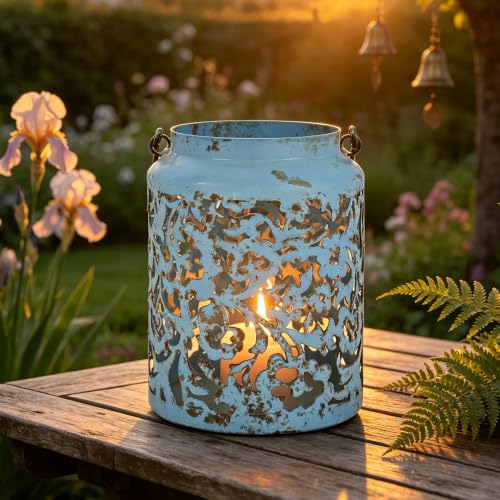 Vintage Metal Candle Lanterns with Handle Rustic Distressed Blue Decorative Candle Holder with Floral Cut-Out Design for Home, Garden, Patio, Porch, Parties, Weddings Decor - color: Blue