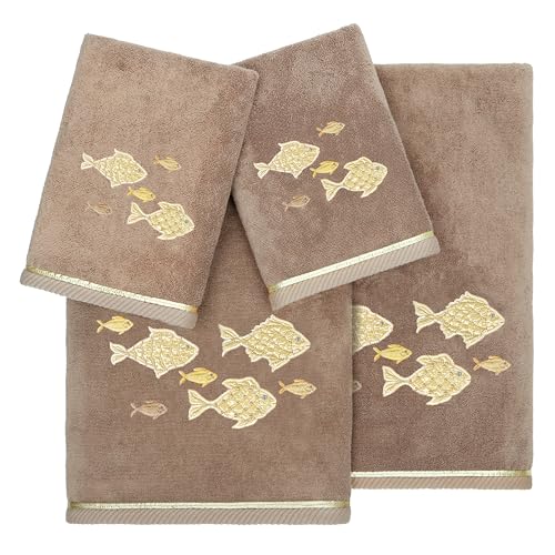 Treasure 4-Piece Premium Towel Set, Sparkling Applique Fish, Ultra Plush Turkish Cotton, Durable, Perfect for Bathroom, 2 Bath 2 Hand Towels, Cocoa - color: Cocoa, size: 2 Pcs Bath 2 Pcs Hand Towel
