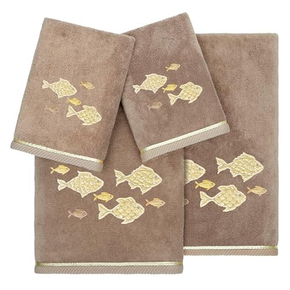 Treasure 4-Piece Premium Towel Set, Sparkling Applique Fish, Ultra Plush Turkish Cotton, Durable, Perfect for Bathroom, 2 Bath 2 Hand Towels, Cocoa - color: Cocoa, size: 2 Pcs Bath 2 Pcs Hand Towel