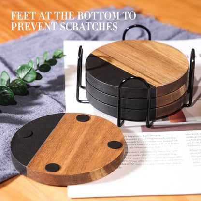 WLWNWFT Black Marble Acacia Wood Drinks Coasters Set of 4 with Holder, Modern Rustic Wooden Coasters for Drinks Coffee Table Dining Table Desk Christmas Housewarming Home Office