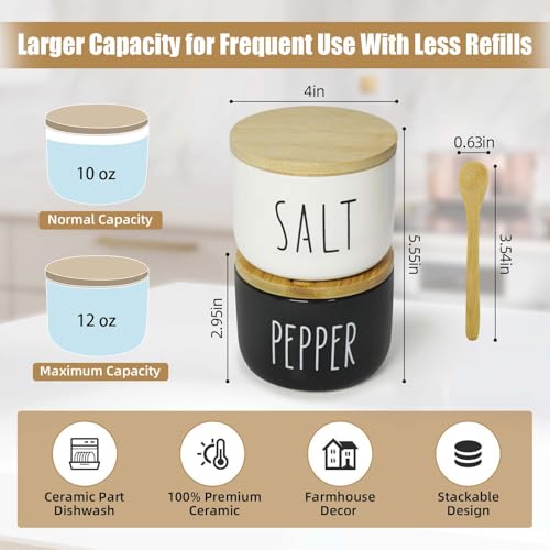 Farmhouse Salt And Pepper Containers,12 oz Salt Containers For Countertop,Stacked Ceramic Cellar With Bamboo Lid, Spice Box With Spoon,Seasoning Holder with lid,Ceramic Bowls (B&W)