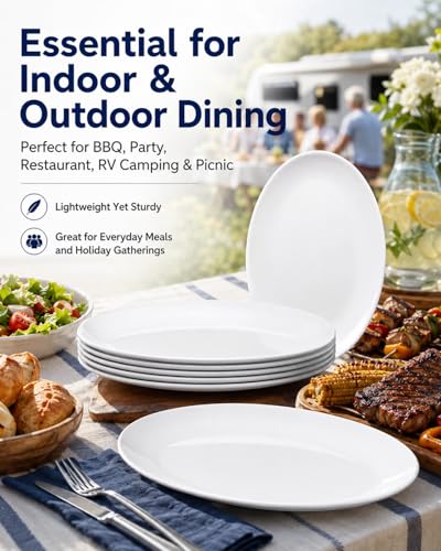 8-Pack Melamine Dinner Plates, 12 Inch Large Oval Serving Platters for Steak, Fish & Turkey, Shatterproof White Plastic Serving Trays for Party, Restaurant, RV Camping & BBQ - Dishwasher Safe