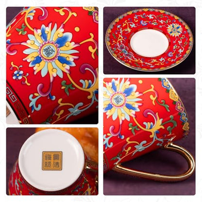 KAMMAK Tea Cup and Saucer, Ceramic Coffee Cups, 8 oz, Set of 2 | Porcelain Tea Cups with Saucers for Coffee and Cappuccino, Ideal for Breakfast, Afternoon Tea and Entertaining,629N+630N - style: 629N+630N