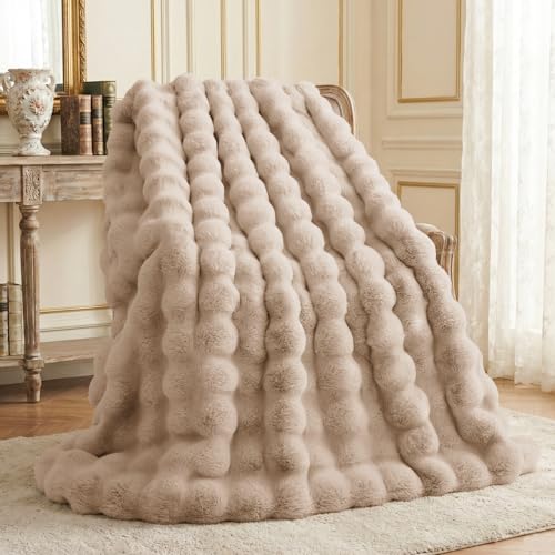 L'AGRATY Faux Rabbit Fur Throw Blanket for Couch, 60'' x 80'', Light Linen | Soft Cozy Bubble Fluffy Blanket for Sofa Bed, Thick Warm Plush Fuzzy Throw for Room Home Decor, Luxury Gift for Women Mom - color: Light Linen, size: 60" x 80"
