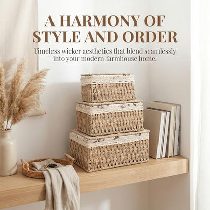 Storage Baskets with Lids, Set of 3 Wicker Baskets with Lids, Shelf Baskets Multipurpose Container, Large Wicker Basket Cube Storage Bins with Liners for Bedroom, Living Room, Bathroom