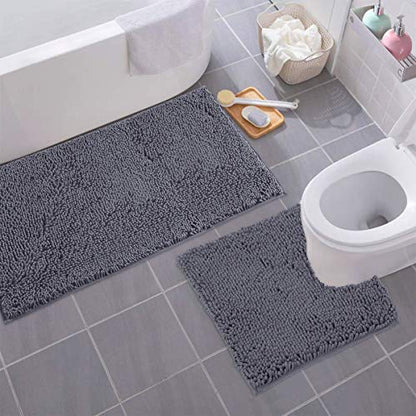 Bathroom Rugs Sets 2 Piece, Luxury Chenille Bath Mat Set, Soft Plush Anti-Slip Bath Rug + U-Shaped Toilet Mat. Microfiber Shaggy Carpet, Super Absorbent (24” x 36” & 20” x 24” U, Dark Grey) - color: Grey, size: 2 Piece Set - Large