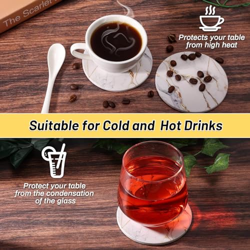 9 Pieces Ceramic Drink Coasters with Holder, Billbotk Absorbent Drink Coasters for Coffee Table, Marble Style Coasters Wooden Table, Suitable for Kinds of Cups, 4 Inches - color: Gold White