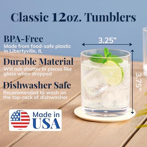 US Acrylic Classic Clear Plastic Reusable Drinking Glasses (Set of 6) 12oz Rocks Cups | BPA-Free Tumblers, Made in USA | Top-Rack Dishwasher Safe (Pack of 2) - color: Clear, size: Rocks Tumblers (Pack of 2)