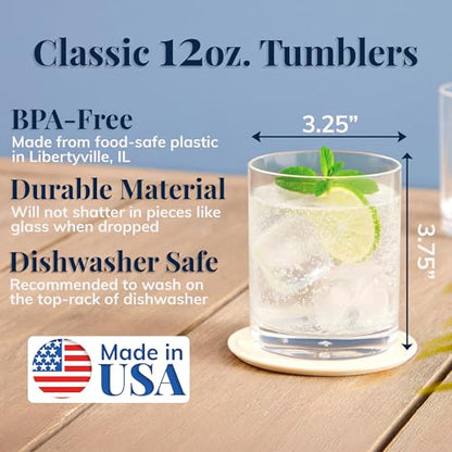 US Acrylic Classic Clear Plastic Reusable Drinking Glasses (Set of 6) 12oz Rocks Cups | BPA-Free Tumblers, Made in USA | Top-Rack Dishwasher Safe (Pack of 24) - color: Clear, size: Rocks Tumblers (Pack of 24)