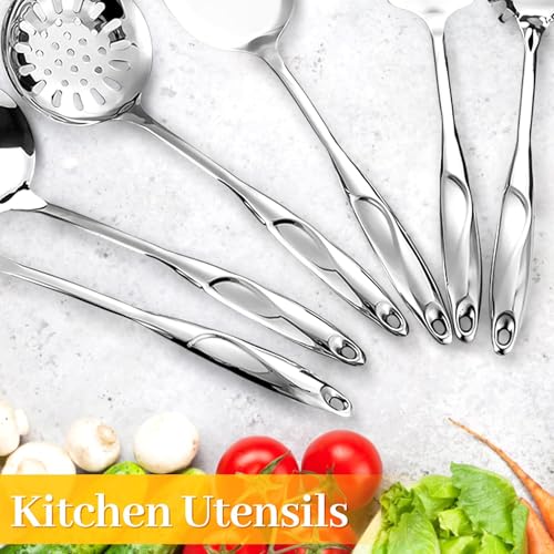 Hunnycook Stainless Steel Cooking Utensils Set - 6 Piece Kitchen Utensils Set, One Piece Seamless Handle Stainless Steel Utensils with Hanging Hole, Dishwasher Safe, Silver