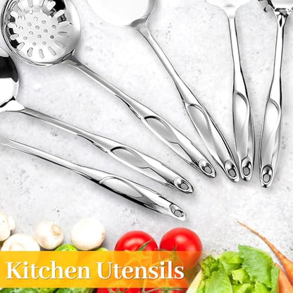 Hunnycook Stainless Steel Cooking Utensils Set - 6 Piece Kitchen Utensils Set, One Piece Seamless Handle Stainless Steel Utensils with Hanging Hole, Dishwasher Safe, Silver