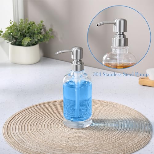 Clear Glass Soap Dispenser with Brushed Nickel Pump, 11 OZ Liquid Soap Dispenser Cylindrical with Stainless Steel Pump for Dish Hand Soap Bathroom Kitchen Vanity Countertop - color: Brushed Nickel, size: 11 oz