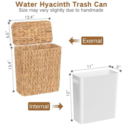 iEGrow Wicker Trash Can, Bathroom Trash Can with Lid, 3 Gallon Natural Water Hyacinth Waste Basket with Removable Liner, for Bedroom, Living Room, Toilet, Under Sink - color: Brown, size: Square