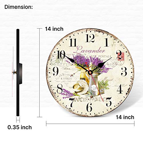 TAHEAT Romantic Lavander Wall Clock, French Purple Love Floral Clocks, Accurate Decorative Easy to Read Wall Clock for Living Room/Bedroom/Bathroom/Kitchen, 14 Inch - size: 14 inch