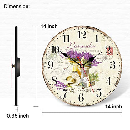 TAHEAT Romantic Lavander Wall Clock, French Purple Love Floral Clocks, Accurate Decorative Easy to Read Wall Clock for Living Room/Bedroom/Bathroom/Kitchen, 14 Inch - size: 14 inch