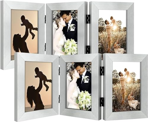 Golden State Art, 4x6 Triple Picture Frame Silver- Real Glass, 2 Pack | Trifold Photo Frame Vertical Display for Desktop - Three Folding Picture Collage - color: Silver, size: 4x6(2 Pack)