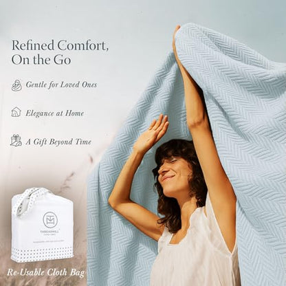 Threadmill Luxury Cotton Blankets for Queen Size Bed | All-Season 100% Cotton Queen Size Blanket | Herringbone Cozy, Soft Breathable Fall Thermal Blanket fits Full Size Bed | Light Blue | 100% Cotton, Herringbone Pattern, 90x92 in, Breathable, Moisture-Wi