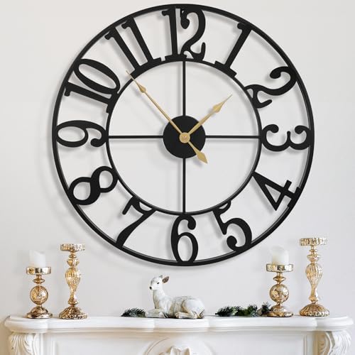 LEIKE 31 Inch Extra Large Wall Clock, Retro Decorative Oversized Silent Little Ticking Battery Operated,Black Metal Arabic Numerals Wall Clocks for Living Room,Office,Entrance Farmhouse Decor - color: Black-arabic Number, size: 32 Inch