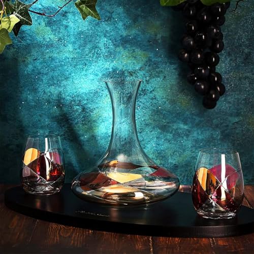 Artisanal Hand-Painted Decanter & Stemless Wine Glasses Set – Mother’s Day, Wife, Mom, or Friends – Romantic Stained Glass Windows, 2-Piece Set – Birthday or Housewarming Gift Idea - style: Decanter & Stemless Wine Glasses Set