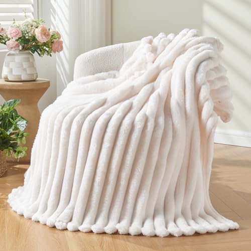 NEWCOSPLAY Fleece Ribbed Cozy Throw Blanket for Couch, Ivory, 50"x60" | Premium Silky Flannel Blanket, Soft Lightweight Fluffy Throw Blanket for Bed Sofa Decor, Gift for All Season Use - color: Ivory Ribbed, size: Throw(50"x60")