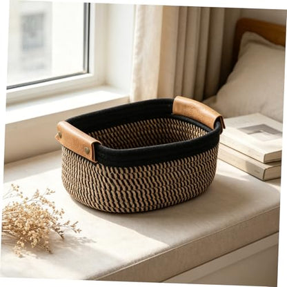 ULTECHNOVO Woven Cotton Rope Storage Basket Set Small Nesting Organizer Bins with Pu Handles 5pcs for and Craft Supplies for Nursery, Bedroom, Bathroom Shelf