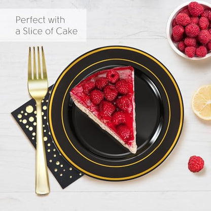Black and Gold Dessert Plates Set, 100 Plates, Forks and Cocktail Napkins | Sturdy plastic, cake service, appetizer tables, salad course, weddings, graduations, easy cleanup - color: Black, style: Plates,Forks and Napkins