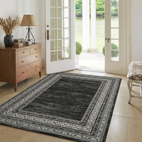 Modern Solid Area Rug 5x7 Washable Non Slip Neutral Rugs for Living Room, Non-Shedding Stain Resistant Bordered Throw Carpet, Neutral Foldable Floor Rugs for Bedroom Dining Table, Black | Non Slip Neutral Border Non Shedding Stain Resistant Low Pile Folda