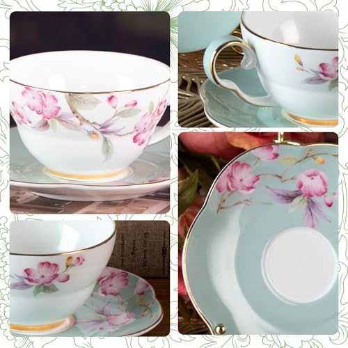 KAMMAK Tea Cups Set of 2,Ceramic Floral Pattern Demitasse Cup | Porcelain Espresso Cup with Saucer, 5.41 oz Handmade Elegant Bone China Tea Cups for Latte, Americano, Cappuccino - color: Fragrance in Spring