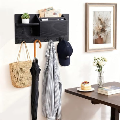 Key Holder Wall Mount, Wooden Mail Organizer with Hooks, Storage Shelf, Letter Box & Green Plant Decor, Practical Wall Entryway Organizer, Black