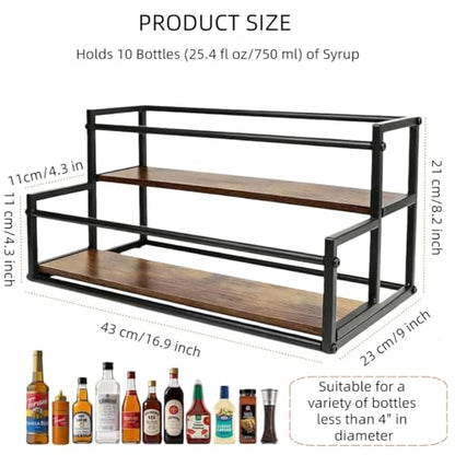 Coffee Syrup Rack Organizer -2 Tier 10 Syrup Bottles Holder Stand for Coffee Bar Kitchen Countertop,Stepped Display Shelf for Spices, Jars, Dressing Freestanding Storage Shelves Rustic Small Wine Rack