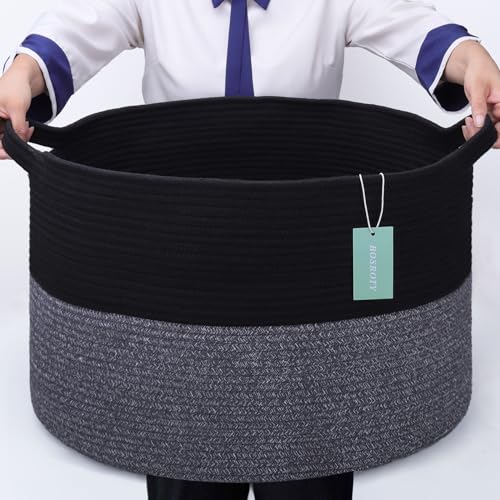 Large Cotton Rope Blanket Basket, 87L Laundry Hamper, Black & Gray | Collapsible Woven Nursery Hamper, Sturdy Handles for Clothes Toys Towels, Ideal for Living Room Bedroom Bathroom - color: Black & Gray, size: 87L (22"x14")