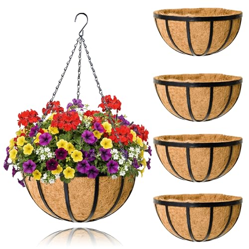 4 Pack 14 Inch Hanging Planters for Outdoor Plants Metal Hanging Planter Basket with Coco Coir Liner Round Plant Black Flat Iron Metal Flower Pots for Deck Patio Porch Garden Balcony - size: 14 Inch