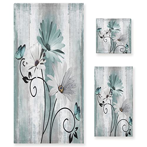 Bath Towels Set Farm Teal Daisy Floral Flowers Butterfly on Country Wooden 3 Piece Towel Set(1 Luxury Bath Towel 1 Hand Towel 1 Washcloth) Soft Absorbent Decorative Bathroom Kitchen Towels